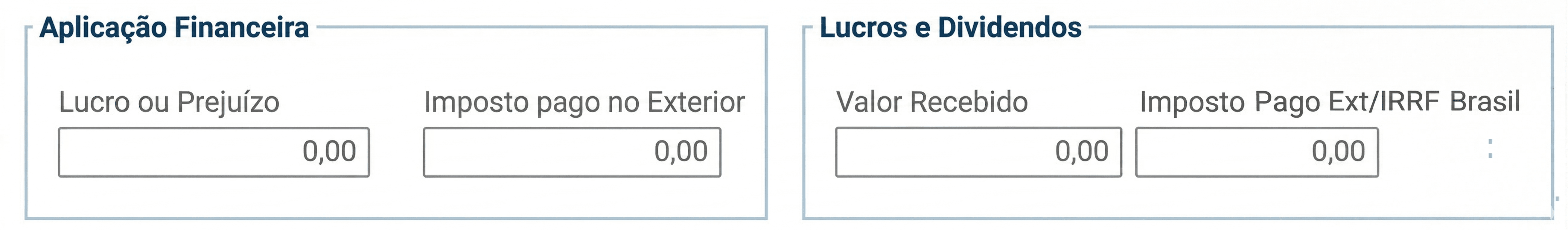 Tela de formulário do sistema do Banco Central para declaração de capitais brasileiros no exterior, exibindo os campos de Aplicação Financeira com “Lucro ou Prejuízo” e “Imposto pago no Exterior”, e a seção de Lucros e Dividendos, com “Valor Recebido” e “Imposto Pago Exterior/IRRF Brasil”, todos com valor zero.